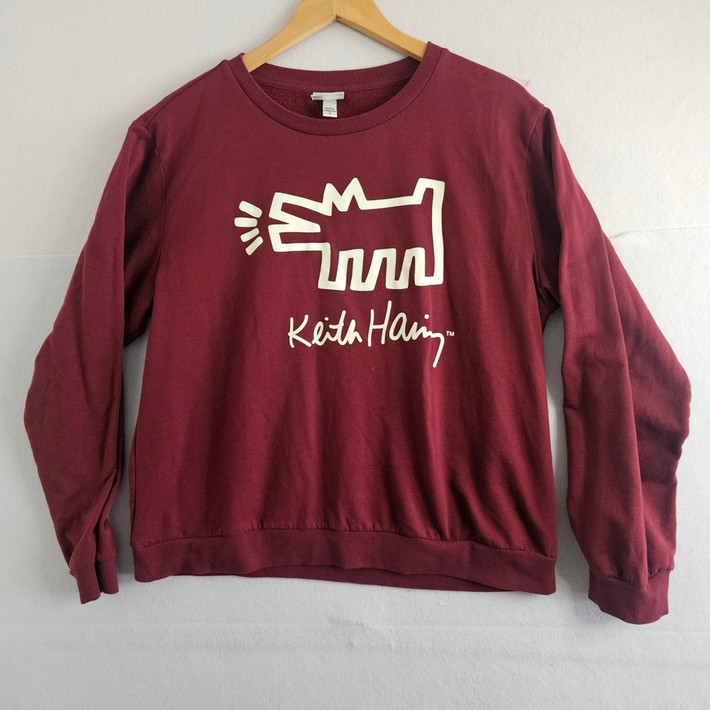 Keith Haring Barking Dog Graphic Sweatshirt Maroon Burgundy XL Pop Art Crewneck